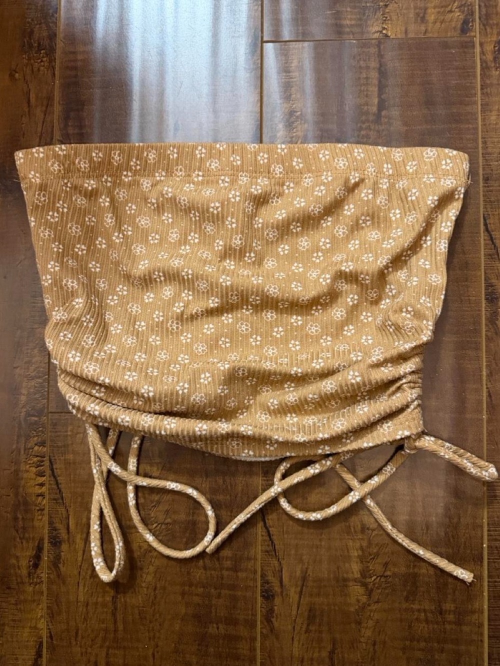 Smocked Strapless Crop Top in Tan Floral with Side Ruching